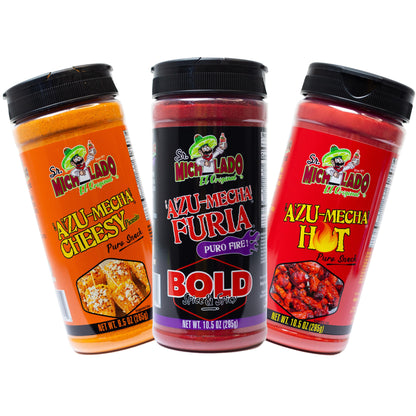Azu-Mecha Bundle 3pk - Bold, Hot, Cheesy - Snack Seasoning - Sr. Michelado - Bottle Flavor Spice powder