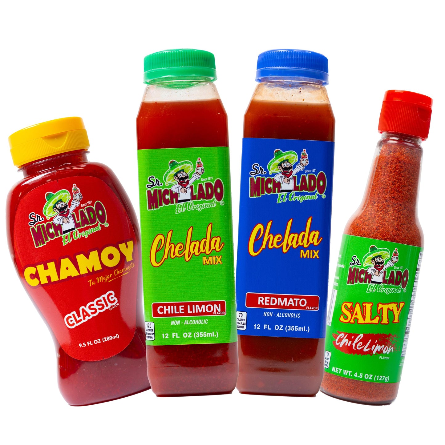 Chelada Mix Bundle 4pcs (Chile Limon & Redmato) - Sr. Michelado - 12oz Chelada Chile Limon, 12oz Chelada Redmato, 4.5oz Salty Chile Limon, 9.5oz Chamoy Classic