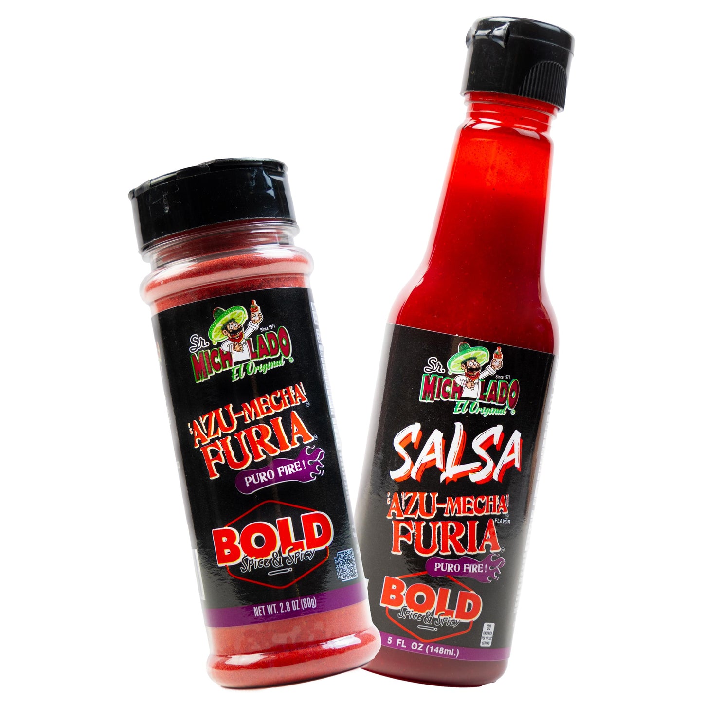COMBO Salsa Bold & Mini Bold - Azu-Mecha Furia BOLD - Spice & Spicy - Sr. Michelado - 1 Salsa 5oz Azu-Mecha Furia BOLD & 1 MINI Size 2.8oz Azu-Mecha Furia BOLD Snack Seasoning