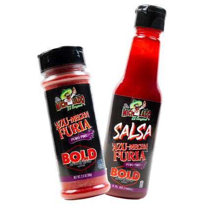 COMBO Salsa Bold & Mini Bold - Azu-Mecha Furia BOLD - Spice & Spicy - Sr. Michelado - 1 Salsa 5oz Azu-Mecha Furia BOLD & 1 MINI Size 2.8oz Azu-Mecha Furia BOLD Snack Seasoning
