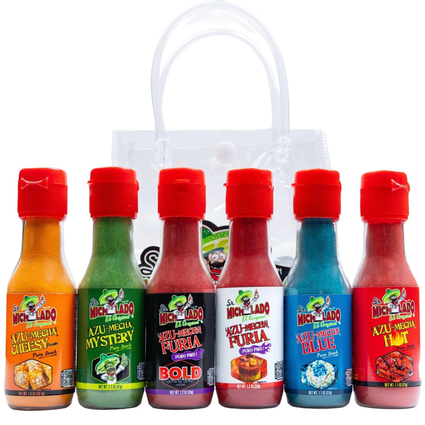 Azu-Mecha Travel Set (6 Flavors) - Furia, Bold, Blue, Hot, Mystery, Cheesy - Snack Seasoning - Sr. Michelado - Bottle Flavor Spice powder