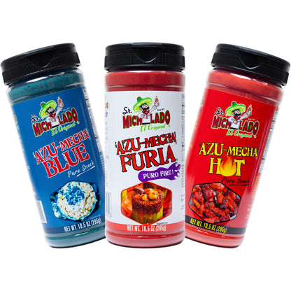 Snack BUNDLE Seasonings (3pk) Azu-Mecha Furia - Azu-Mecha Blue - Azu-Mecha Hot - Sr. Michelado Snack Seasonings - Bottles Flavor Powder
